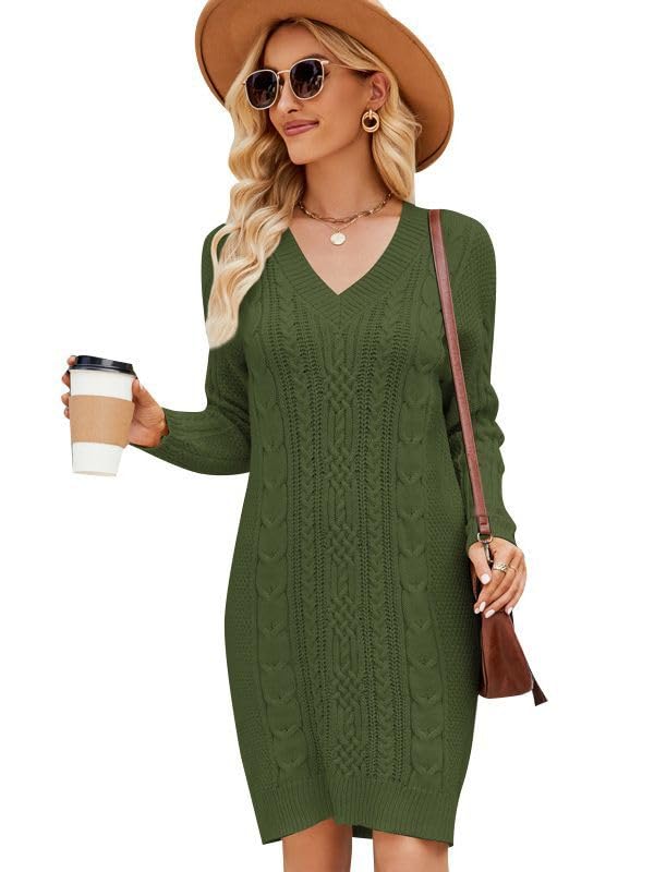 Women's Ribbed V-Neck Sweater Dress