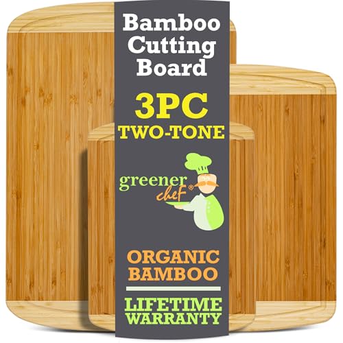 Wooden GREENER CHEF Organic Bamboo Cutting Board Set of 3 with Lifetime Replacements - Wood Cutting Board Set with Juice Groove - Wooden Chopping Board Set for Kitchen, Meat, Vegetables and Cheese