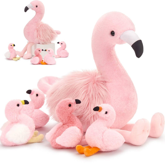 Plush Flamingo Mommy with 4 Baby Flamingos