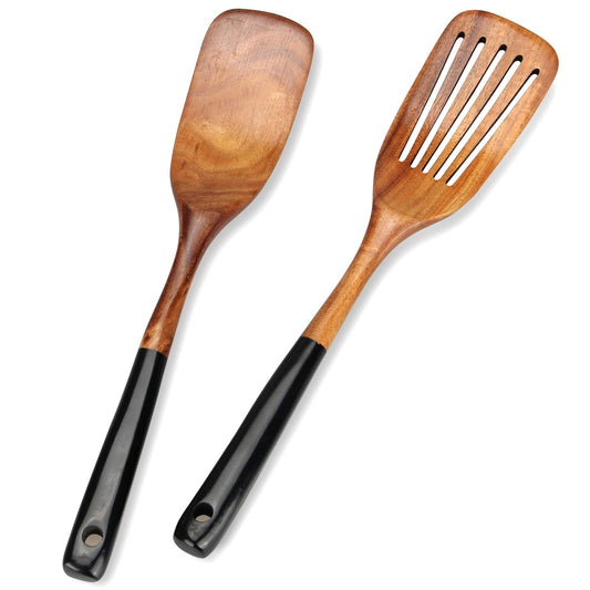 Wooden 2 Pcs Best Wooden Spatula Set for Cooking Kitchen Slotted Turner Spatula Flat Wood Wok Spatula Non Stick Cooking Utensils for Frying Mixing Teak Fish Spatula Turner Black Egg Flipper Spatulas
