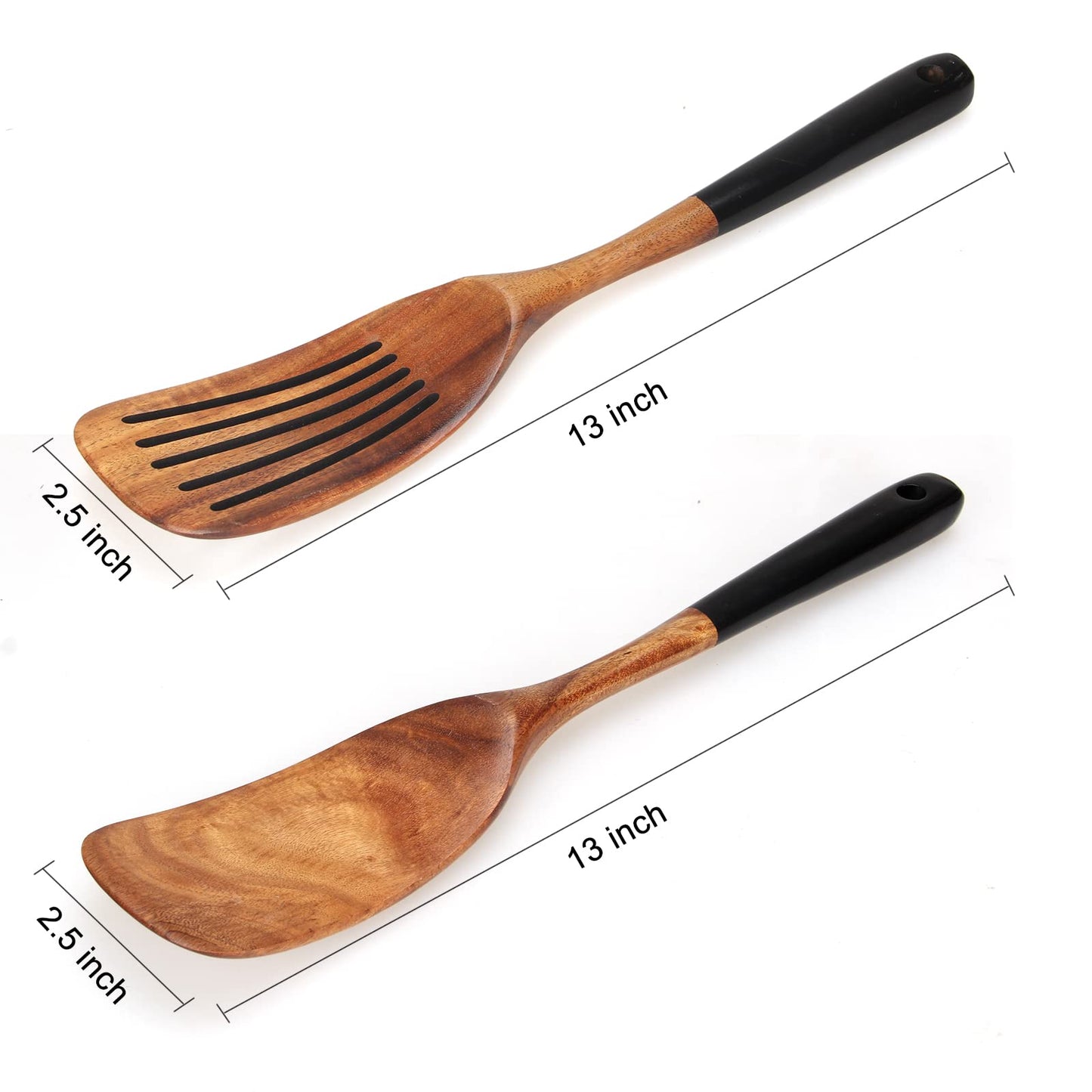 Wooden 2 Pcs Best Wooden Spatula Set for Cooking Kitchen Slotted Turner Spatula Flat Wood Wok Spatula Non Stick Cooking Utensils for Frying Mixing Teak Fish Spatula Turner Black Egg Flipper Spatulas