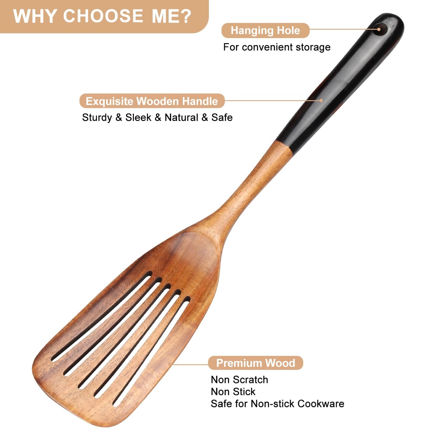 Wooden 2 Pcs Best Wooden Spatula Set for Cooking Kitchen Slotted Turner Spatula Flat Wood Wok Spatula Non Stick Cooking Utensils for Frying Mixing Teak Fish Spatula Turner Black Egg Flipper Spatulas
