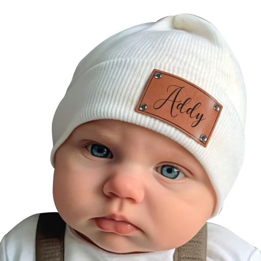 Custom Baby Beanie Hat - Personalized Leather Patch Names
