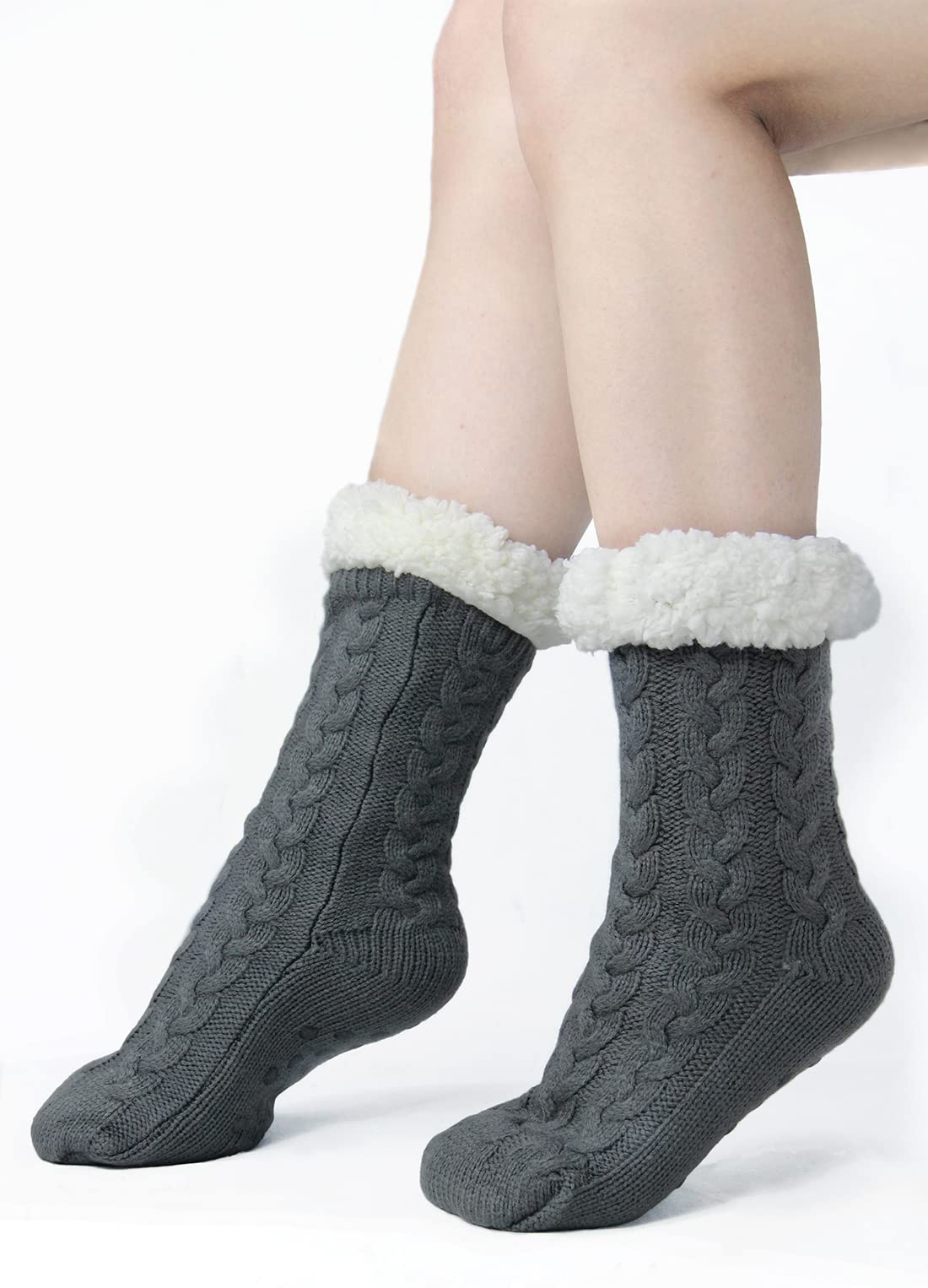Thick Fuzzy Slipper Socks with Non Skid Grippers