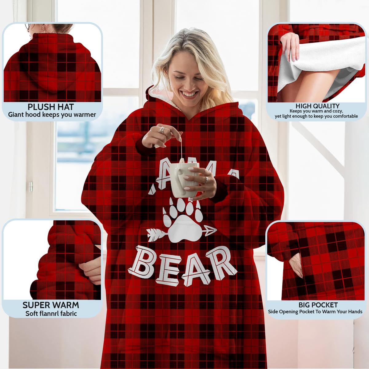 Mama Bear Wearable Blanket Hoodie, Buffalo Plaid