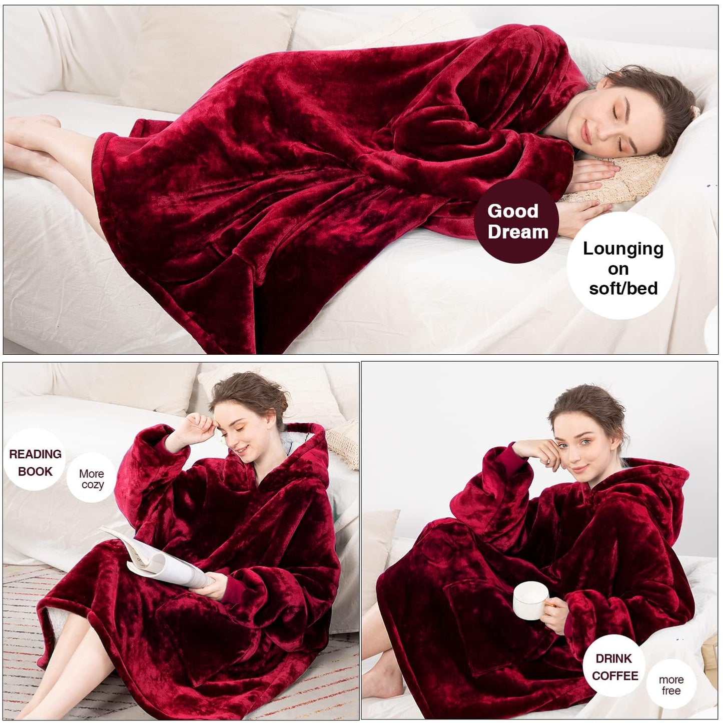 Women's Oversized Wearable Red Sherpa Fleece Blanket