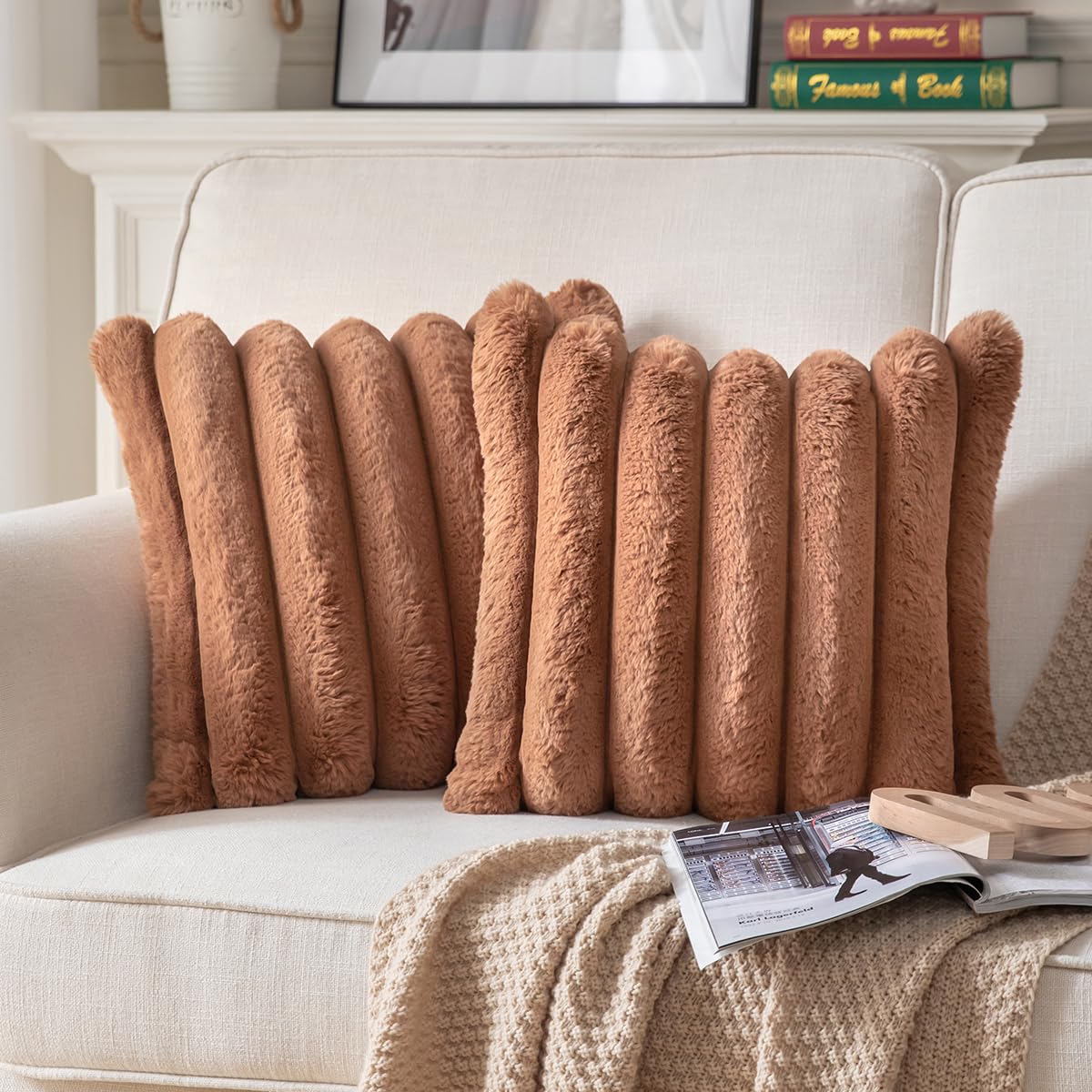 *Joyouth Faux Fur Plush Throw Pillow Covers 16x16 Inch Set of 2 - Luxury Decorative Fuzzy Striped Soft Cozy Pillowcase for Couch, Sofa, Living Room - Brown
