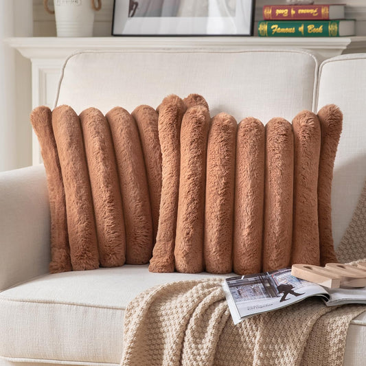 *Joyouth Faux Fur Plush Throw Pillow Covers 16x16 Inch Set of 2 - Luxury Decorative Fuzzy Striped Soft Cozy Pillowcase for Couch, Sofa, Living Room - Brown