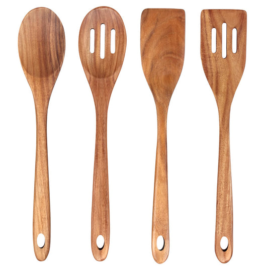 Wooden 4-Piece 14" Large Wooden Utensils Set for Cooking Spatula Long Handled Slotted Spoon Non-Stick Utensil Slotted Turner Mixing Spoons with Hole Best Wood Kitchen Spatula Stirring Serving Spoons