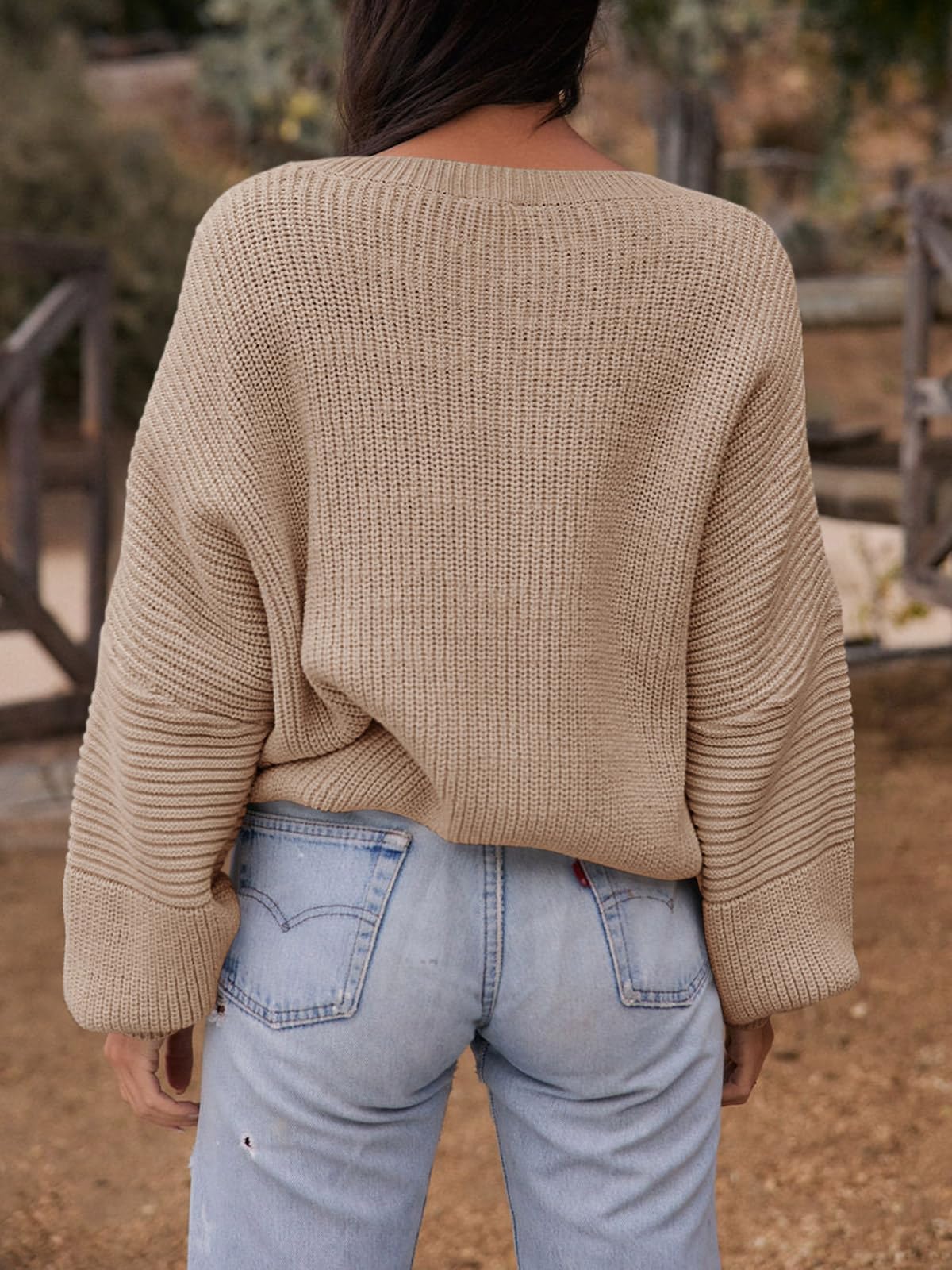 Women's Lantern-Sleeve Crewneck Ribbed Sweater