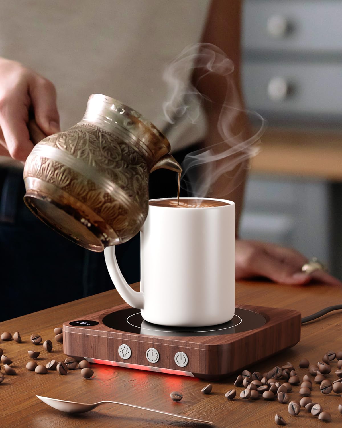 Wood Mug Warmer with Temperature Display