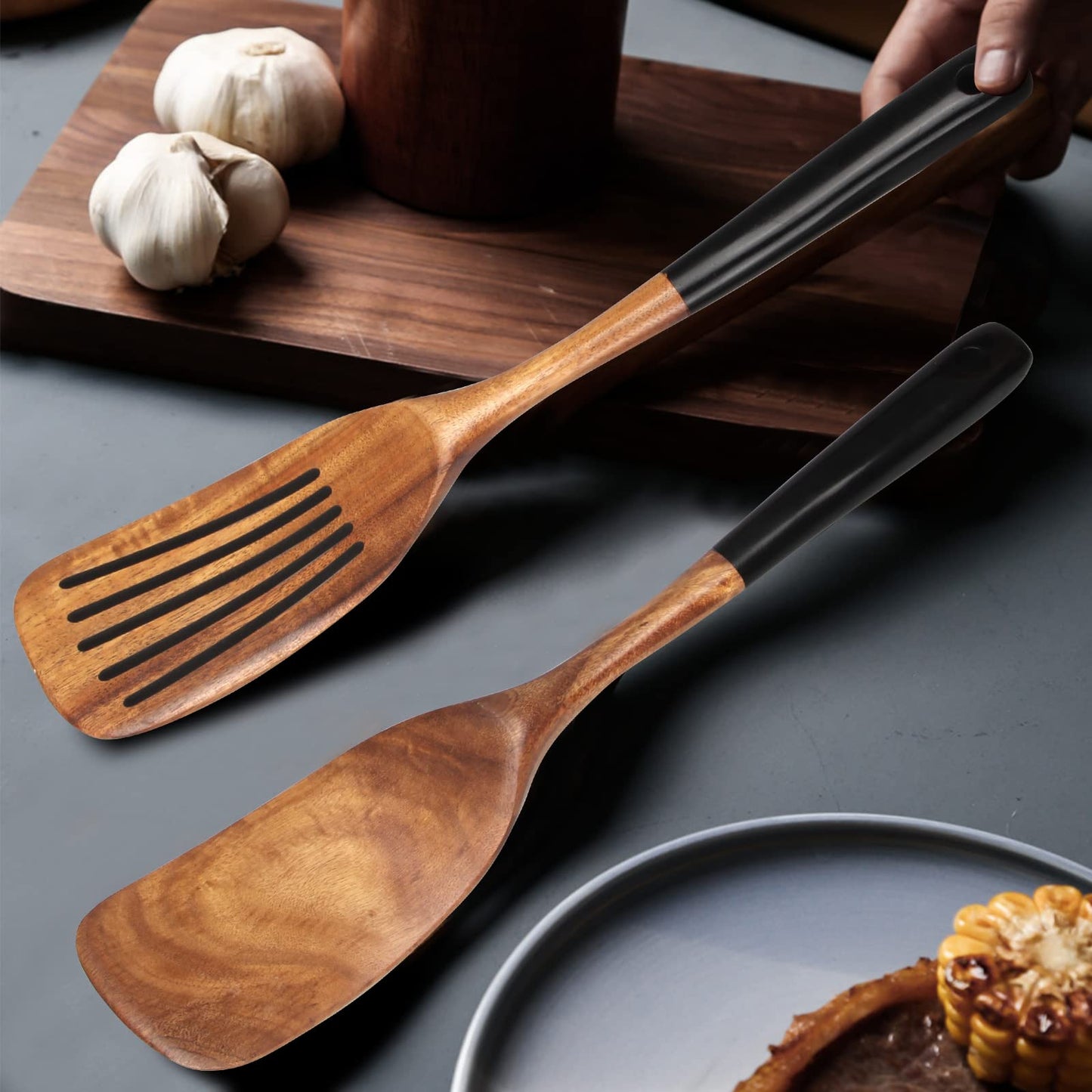Wooden 2 Pcs Best Wooden Spatula Set for Cooking Kitchen Slotted Turner Spatula Flat Wood Wok Spatula Non Stick Cooking Utensils for Frying Mixing Teak Fish Spatula Turner Black Egg Flipper Spatulas