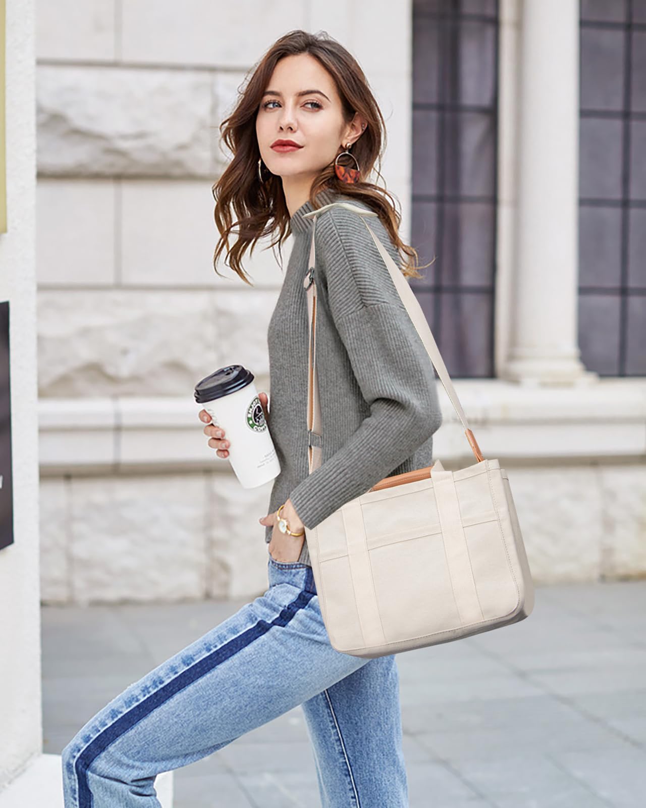 Canvas Tote Bag with Multi-Pocket and Compartments