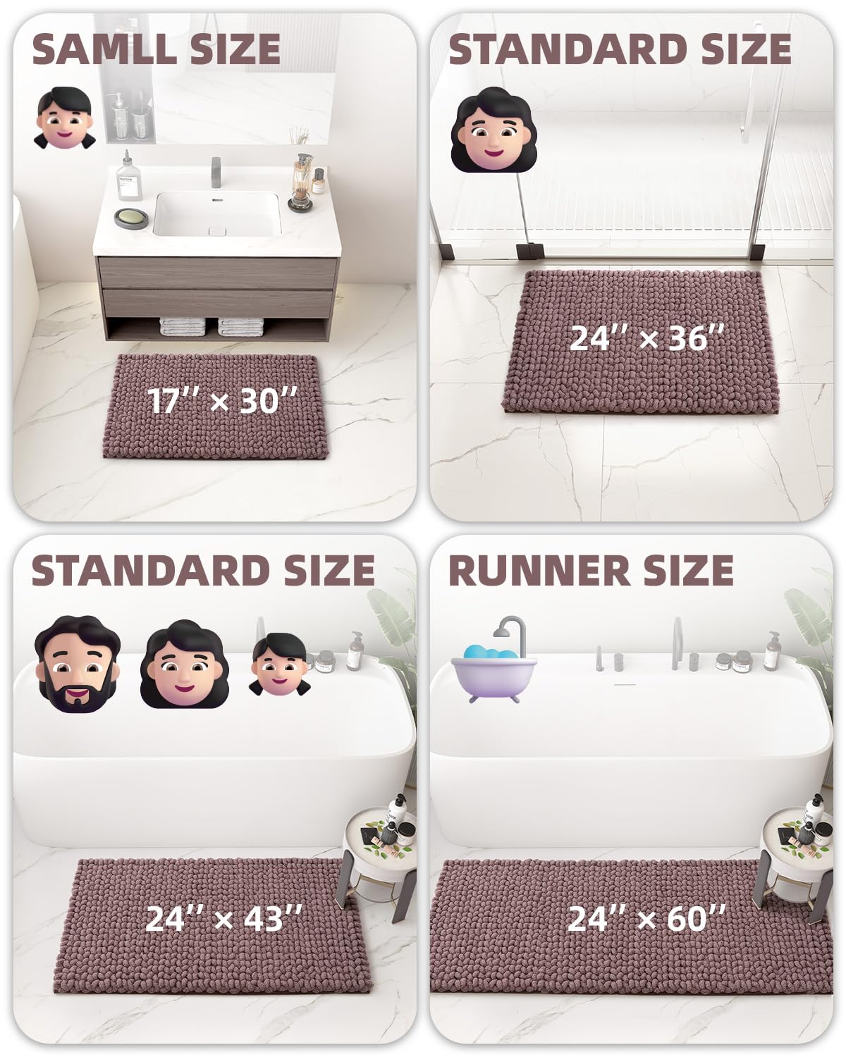 *Color&Geometry Chenille Bathroom Rugs 17x30, Brown- Super Absorbent, Non Slip, Ultra Soft, High Pile Thick Bath Mat, Bath Rug for Restroom Floor, Outside Shower/Tub, Laundry Room