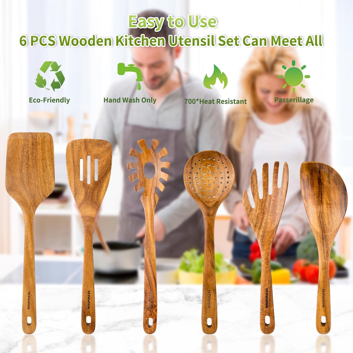 WOSPONFAN Kitchen Utensils Set - Wooden Spoons for Cooking, Natural Teak Wooden Utensils - Includes Wooden Spoons, Spatula Set, Slotted Spoon - Handmade Wooden Spoon Set