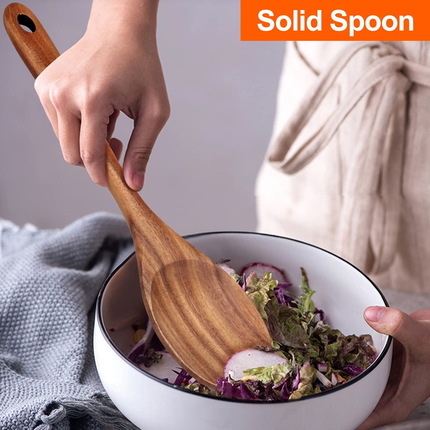 Wooden 4-Piece 14" Large Wooden Utensils Set for Cooking Spatula Long Handled Slotted Spoon Non-Stick Utensil Slotted Turner Mixing Spoons with Hole Best Wood Kitchen Spatula Stirring Serving Spoons