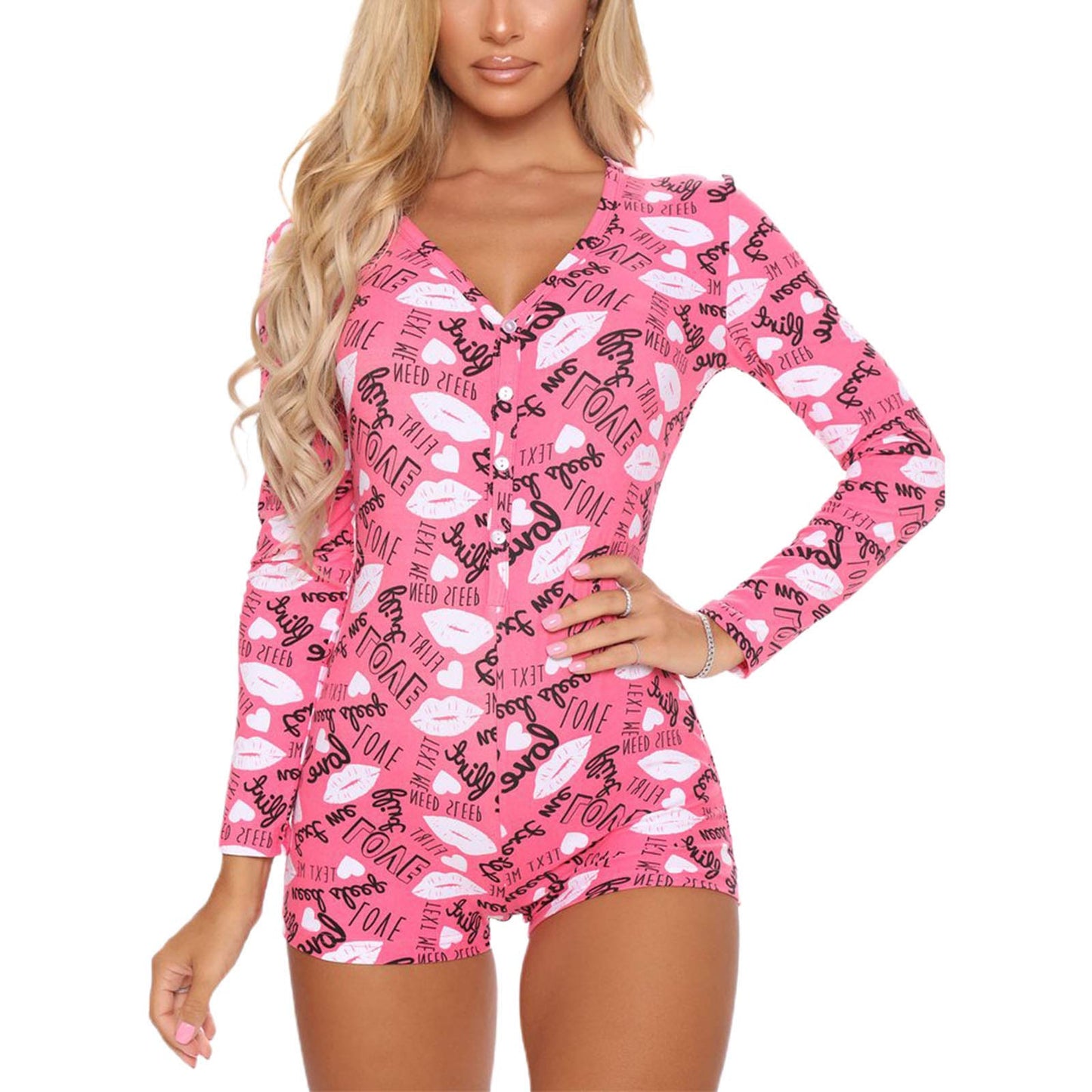 Women's 'Pink Kisses' Long Sleeve Onesie Pajama Romper
