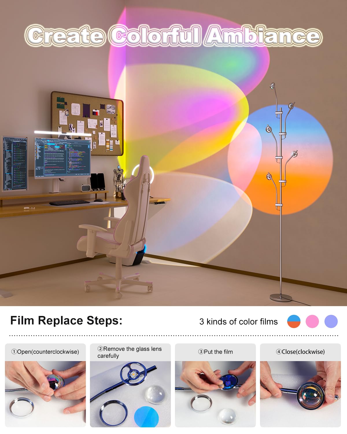 RGBW Halo Projector LED Floor Lamp - 4000K with Replaceable Color Filters