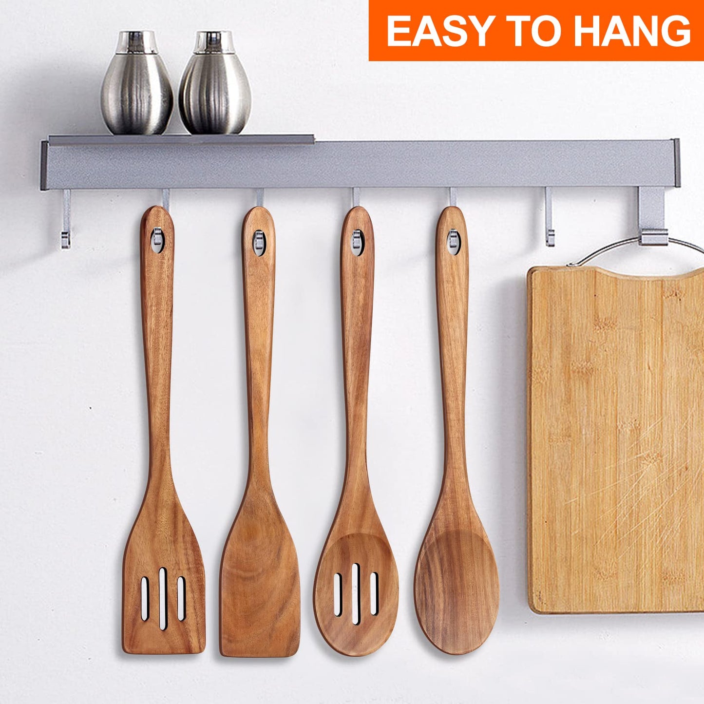 Wooden 4-Piece 14" Large Wooden Utensils Set for Cooking Spatula Long Handled Slotted Spoon Non-Stick Utensil Slotted Turner Mixing Spoons with Hole Best Wood Kitchen Spatula Stirring Serving Spoons