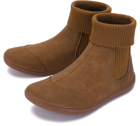 *WHITIN Women's Wide Barefoot Chelsea Boots Minimalist Zero Drop Ankle Calf Cowboy Cowgirl Size 5 Flat Bootie Leather Socks botines para mujer Pull On Shoes Light Brown 36