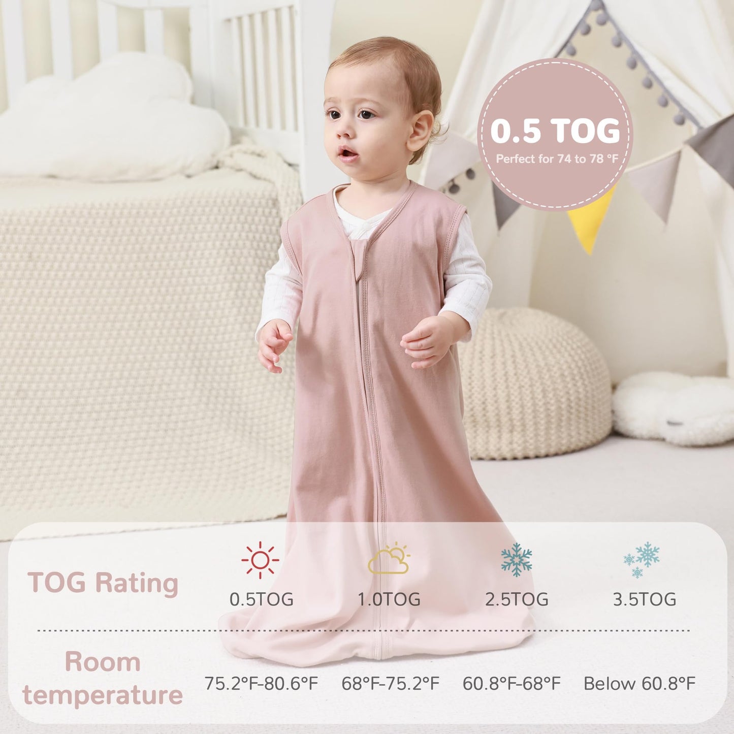 JELLYMONI Baby Sleep Sack 6-12 Months 100% Cotton Wearable Blanket, 0.5 TOG Soft Lightweight Toddler Sleeping Sack 3 Pack 2-Way Zipper Newborn Sleep Sacks