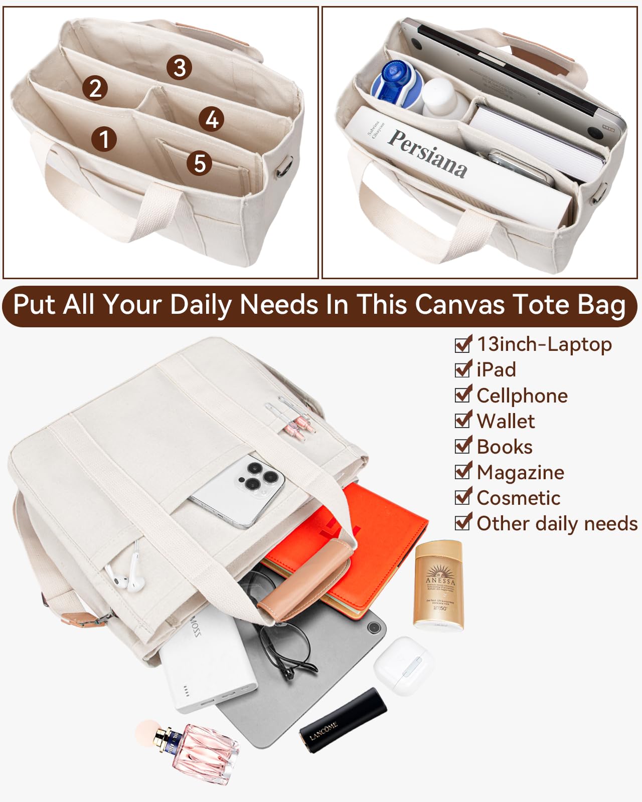 Canvas Tote Bag with Multi-Pocket and Compartments