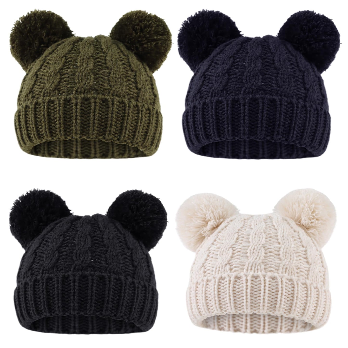 Baby Cable-Knit Beanie Pom Pom Teddy Bear Ears