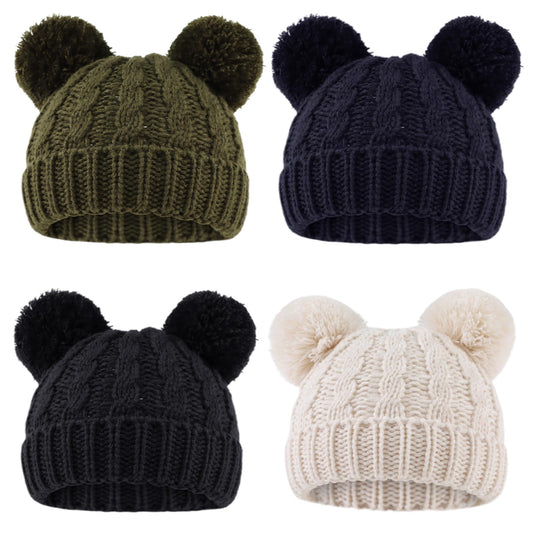 Baby Cable-Knit Beanie Pom Pom Teddy Bear Ears