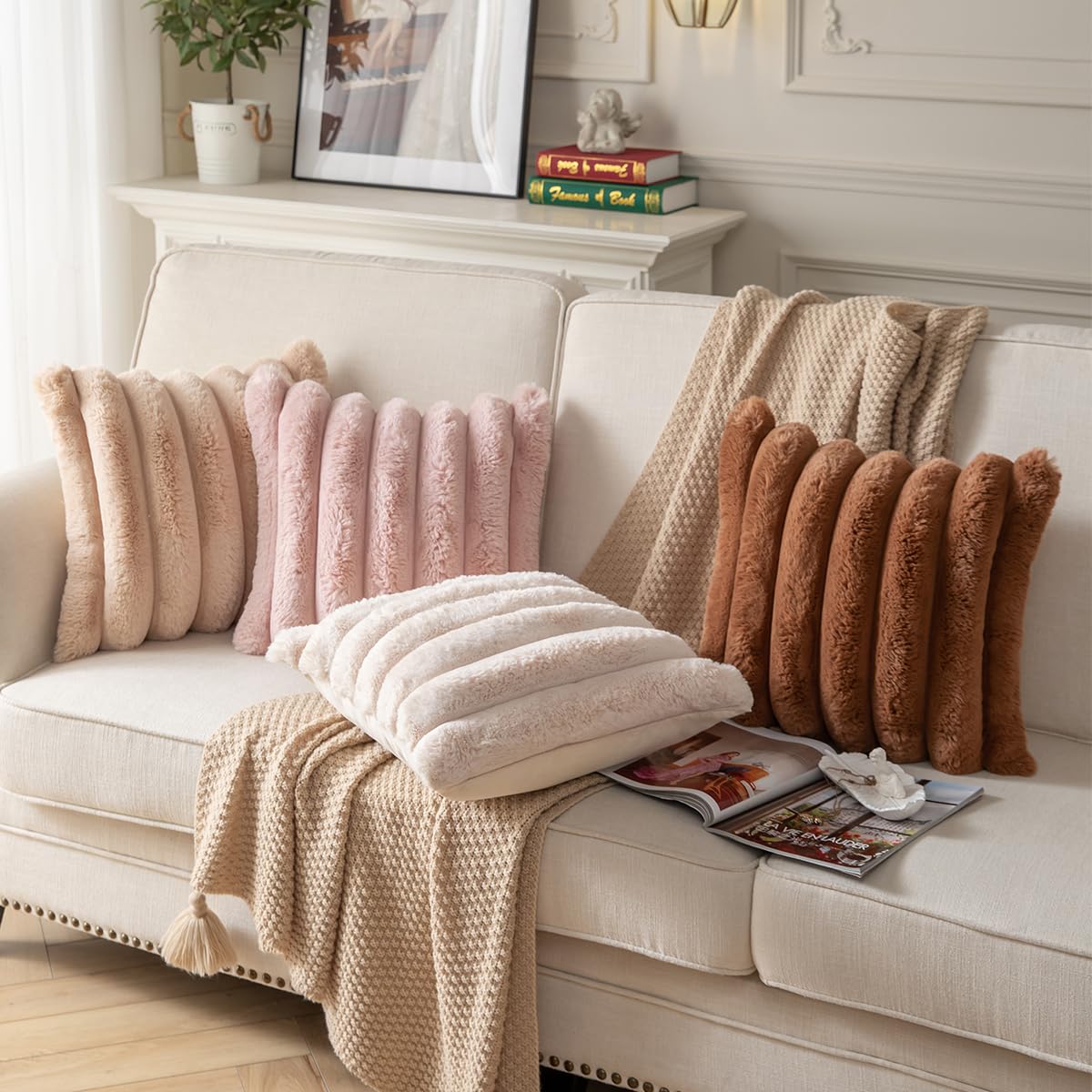 *Joyouth Faux Fur Plush Throw Pillow Covers 16x16 Inch Set of 2 - Luxury Decorative Fuzzy Striped Soft Cozy Pillowcase for Couch, Sofa, Living Room - Brown