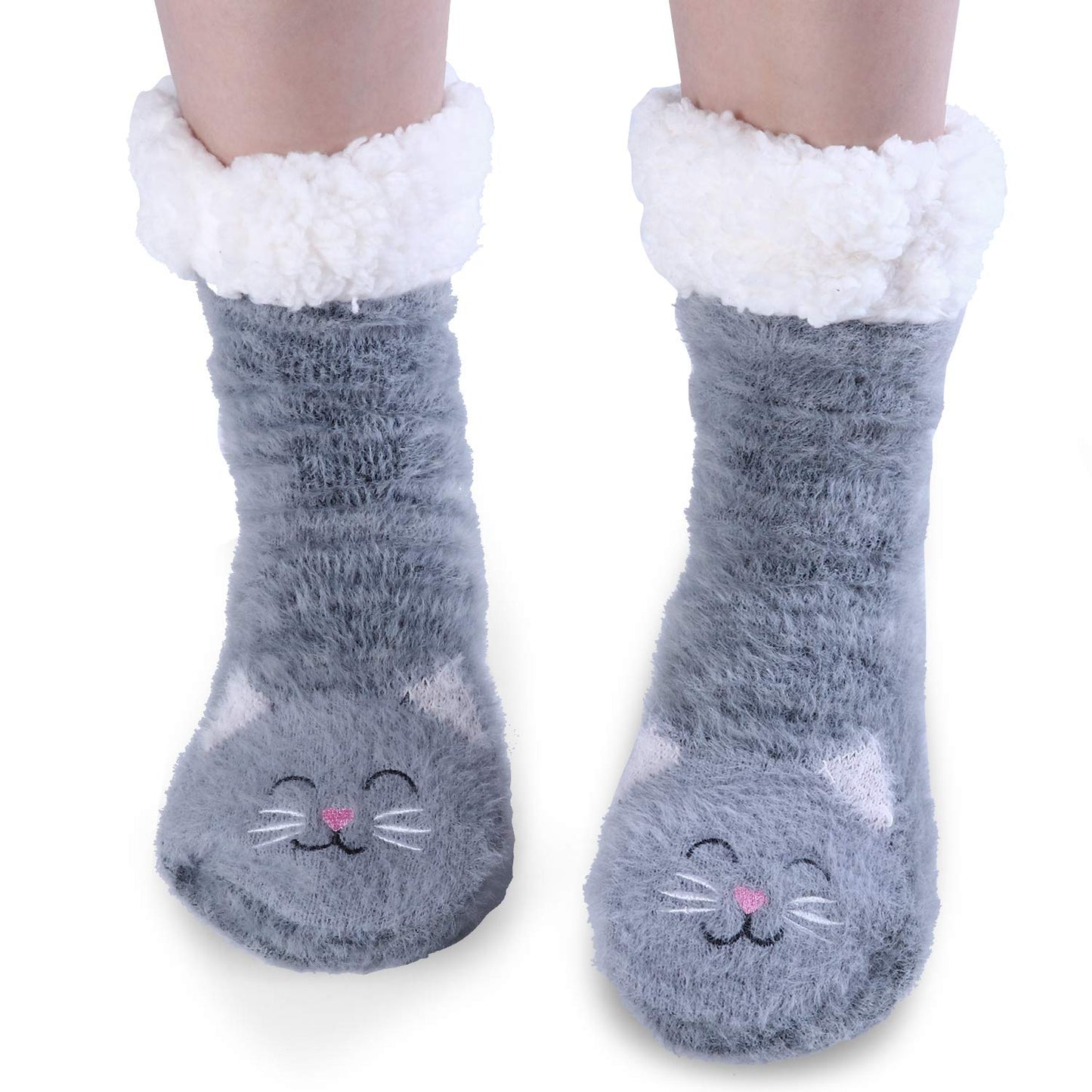 Fuzzy Cat Slipper Socks With Grippers
