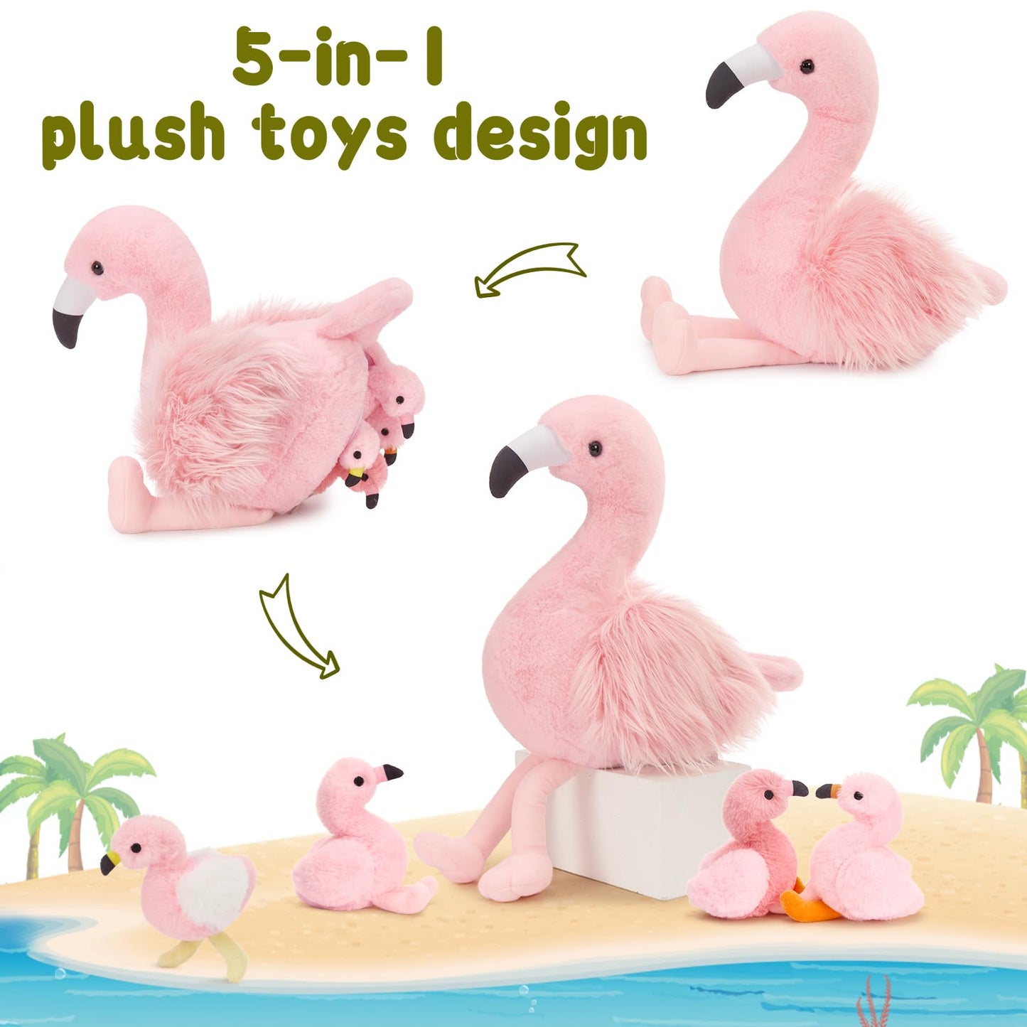 Plush Flamingo Mommy with 4 Baby Flamingos