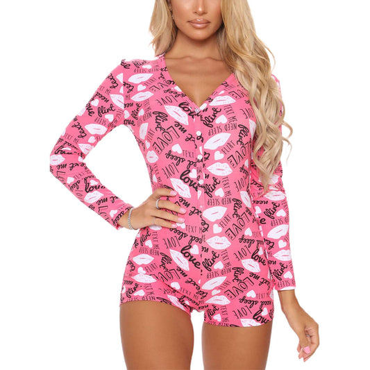Women's 'Pink Kisses' Long Sleeve Onesie Pajama Romper