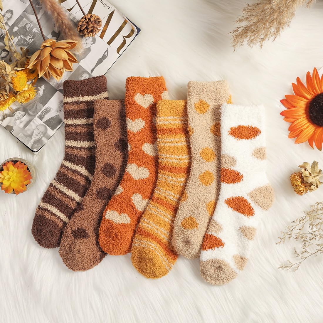 Women's Fluffy Caramel Color Slipper Socks - 6 Pairs