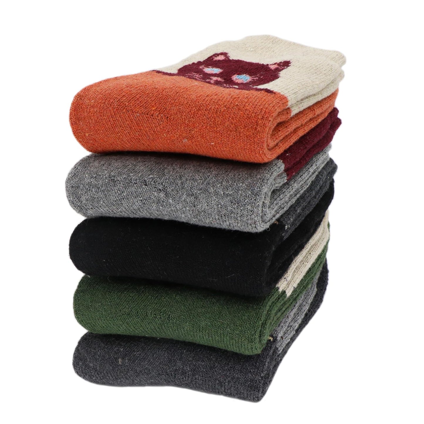 Women's 5-Pack Wool Crew Socks with Cat Design Print