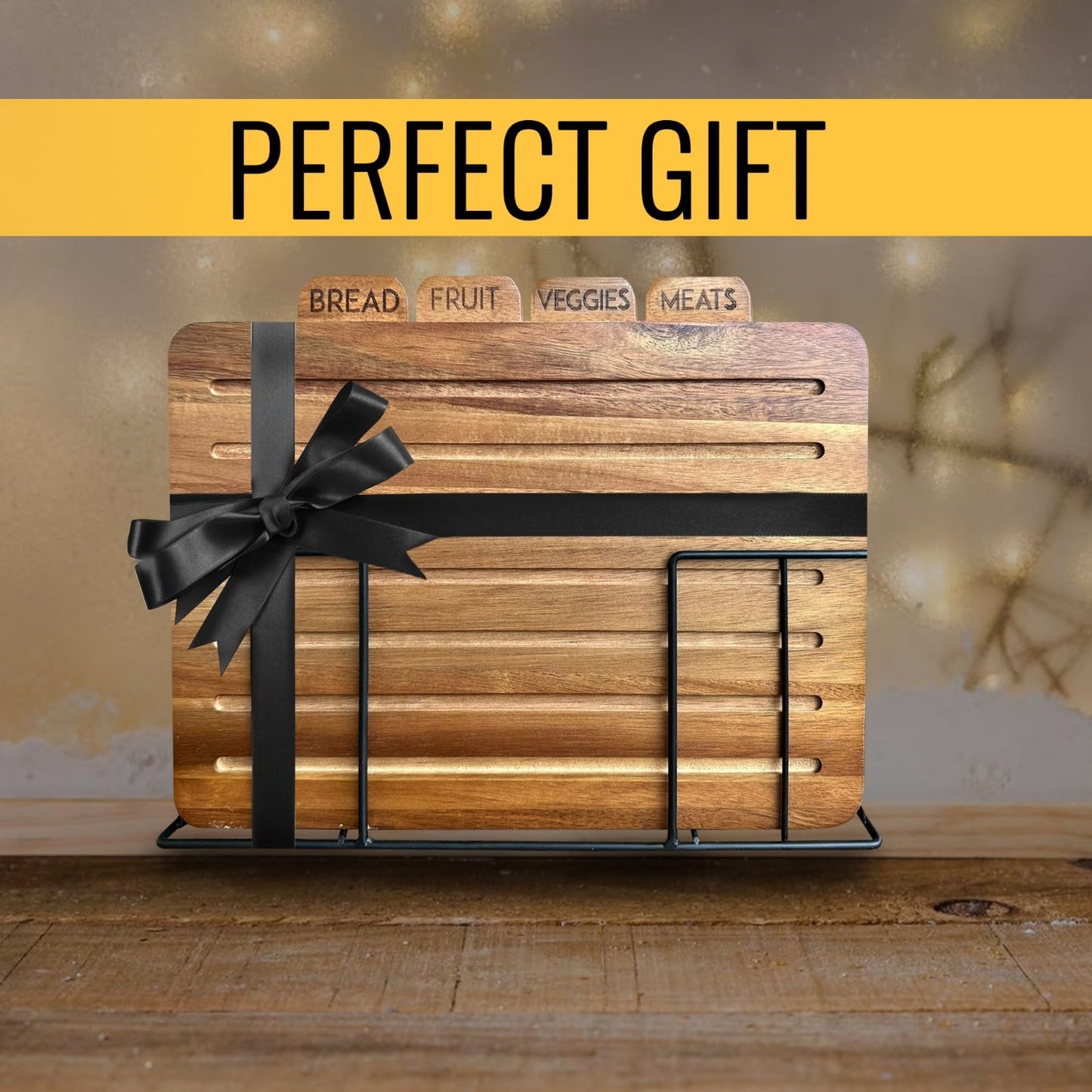 Wooden MODERNLYST Acacia Wood Cutting Boards for Kitchen with Holder | Labeled Food Use Tabs | Modern Wooden Cutting Board Set | 13 x 11 x 2.5 in. Large Organized Chopping Board Set of 4 with Black Stand