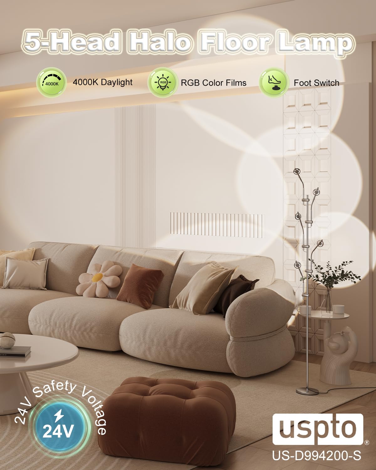 RGBW Halo Projector LED Floor Lamp - 4000K with Replaceable Color Filters