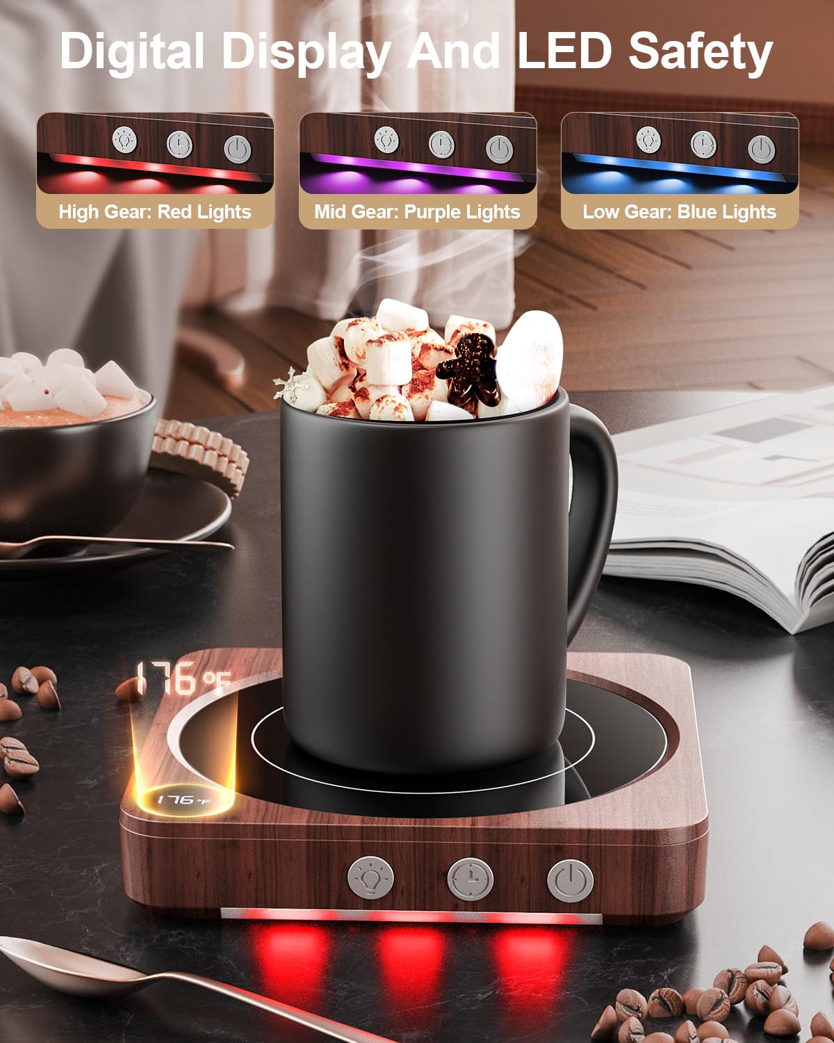 Wood Mug Warmer with Temperature Display