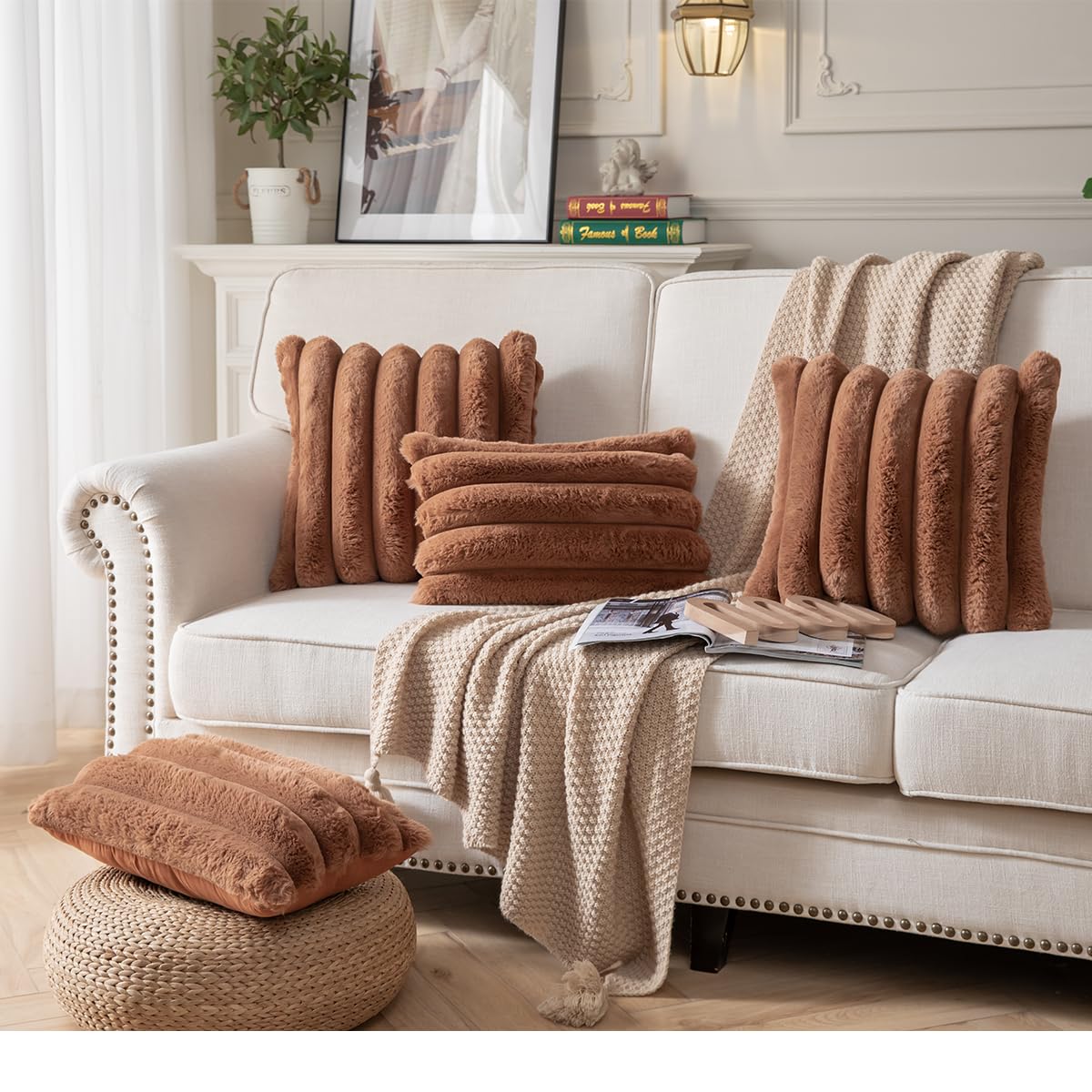 *Joyouth Faux Fur Plush Throw Pillow Covers 16x16 Inch Set of 2 - Luxury Decorative Fuzzy Striped Soft Cozy Pillowcase for Couch, Sofa, Living Room - Brown