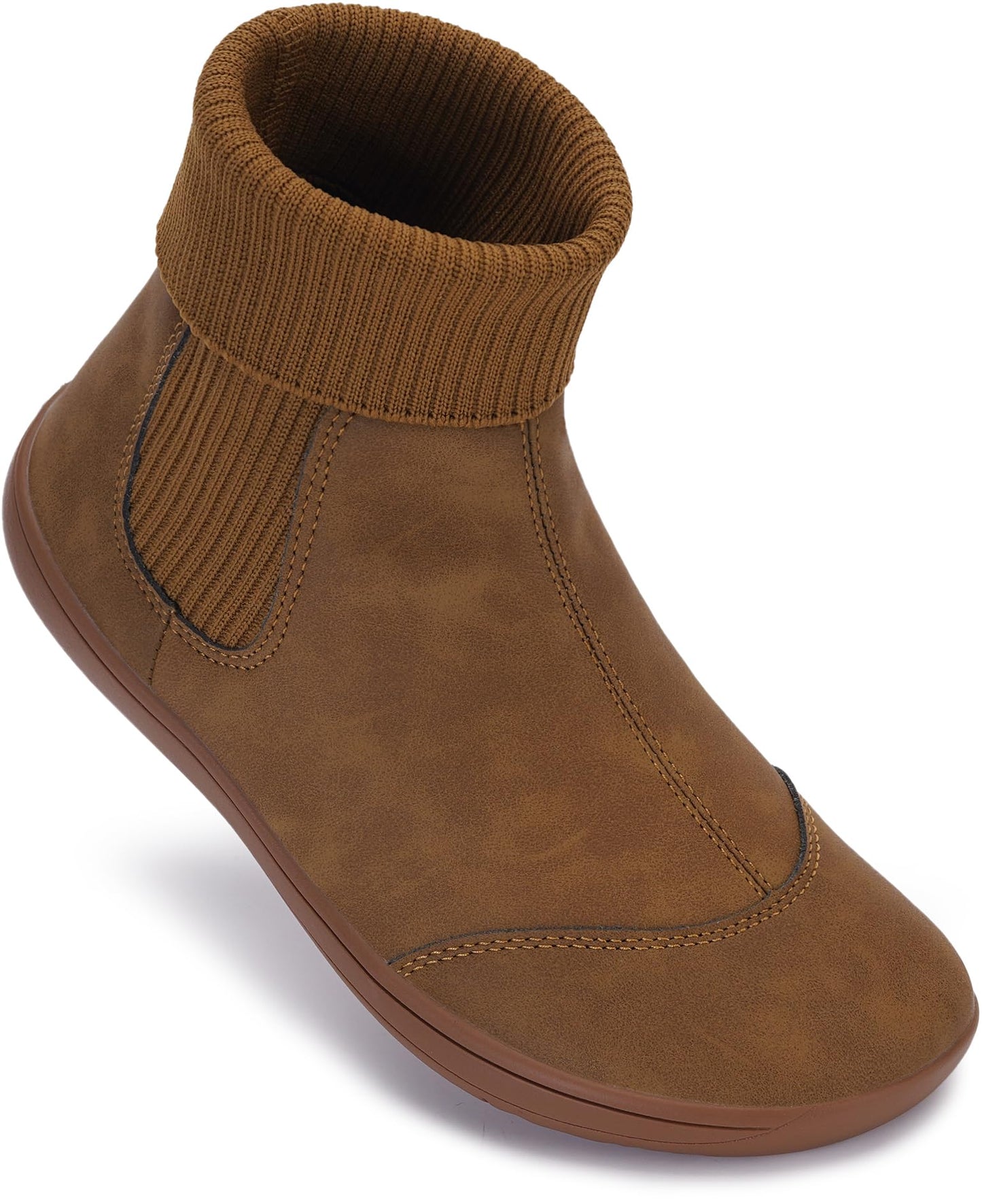 *WHITIN Women's Wide Barefoot Chelsea Boots Minimalist Zero Drop Ankle Calf Cowboy Cowgirl Size 5 Flat Bootie Leather Socks botines para mujer Pull On Shoes Light Brown 36