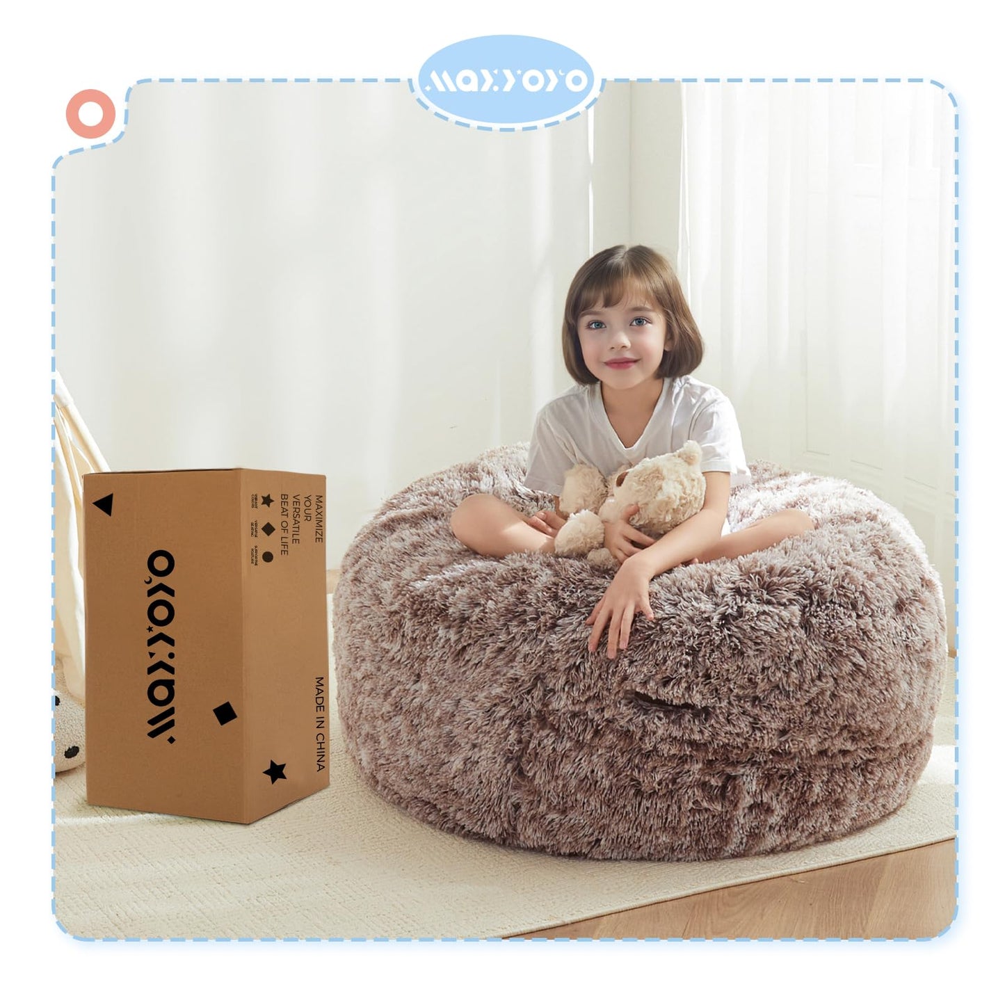 MAXYOYO Bean Bag Chair Bed for Kids, Plush Convertible Bean Bag Folds from Lazy Chair to Floor Mattress Bed, Stuffed Floor Sofa Couch for Boys and Girls, Machine Washable, Coffee