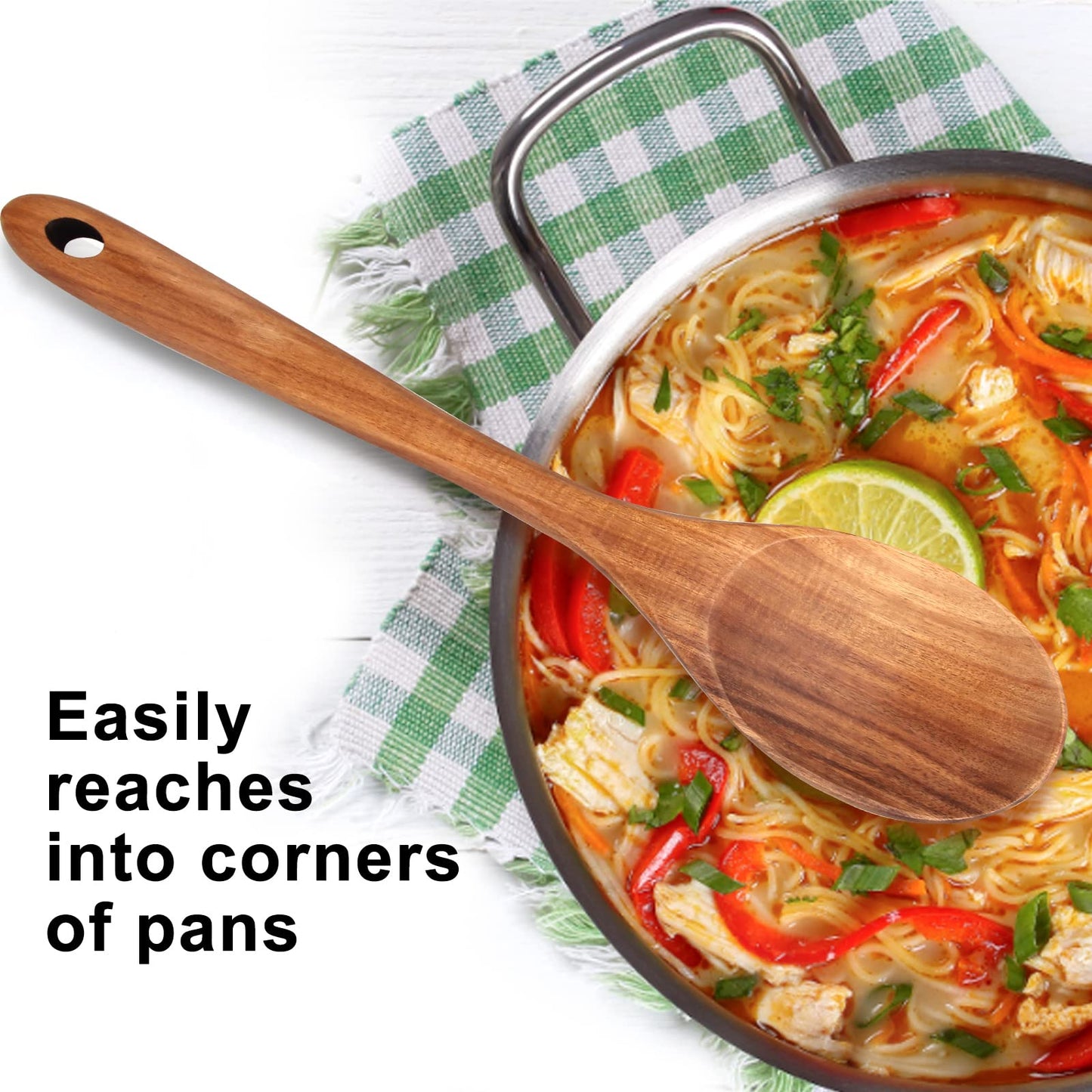 Wooden 4-Piece 14" Large Wooden Utensils Set for Cooking Spatula Long Handled Slotted Spoon Non-Stick Utensil Slotted Turner Mixing Spoons with Hole Best Wood Kitchen Spatula Stirring Serving Spoons