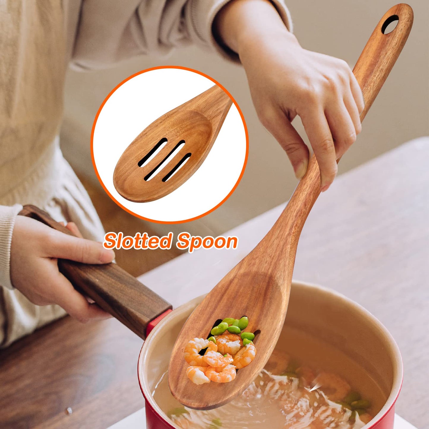 Wooden 4-Piece 14" Large Wooden Utensils Set for Cooking Spatula Long Handled Slotted Spoon Non-Stick Utensil Slotted Turner Mixing Spoons with Hole Best Wood Kitchen Spatula Stirring Serving Spoons
