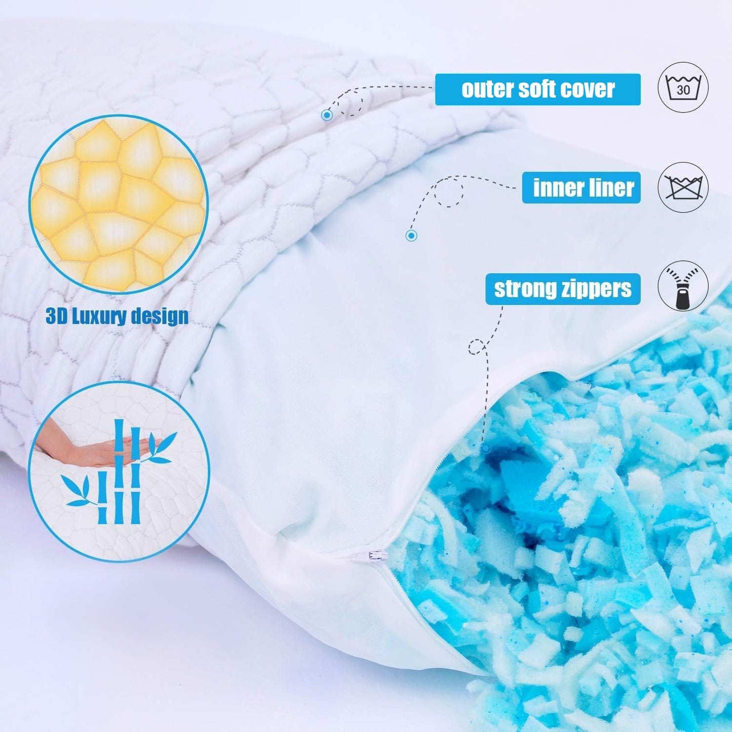 Cooling Memory Foam Bed Pillows for Side, Back, and Stomach Sleepers, 2 Pack