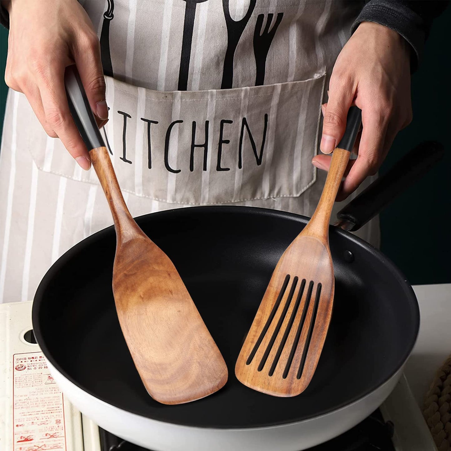Wooden 2 Pcs Best Wooden Spatula Set for Cooking Kitchen Slotted Turner Spatula Flat Wood Wok Spatula Non Stick Cooking Utensils for Frying Mixing Teak Fish Spatula Turner Black Egg Flipper Spatulas