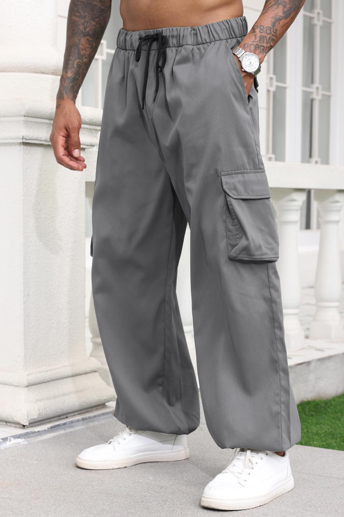 Men's Parachute Cargo Pants with Elastic Waist