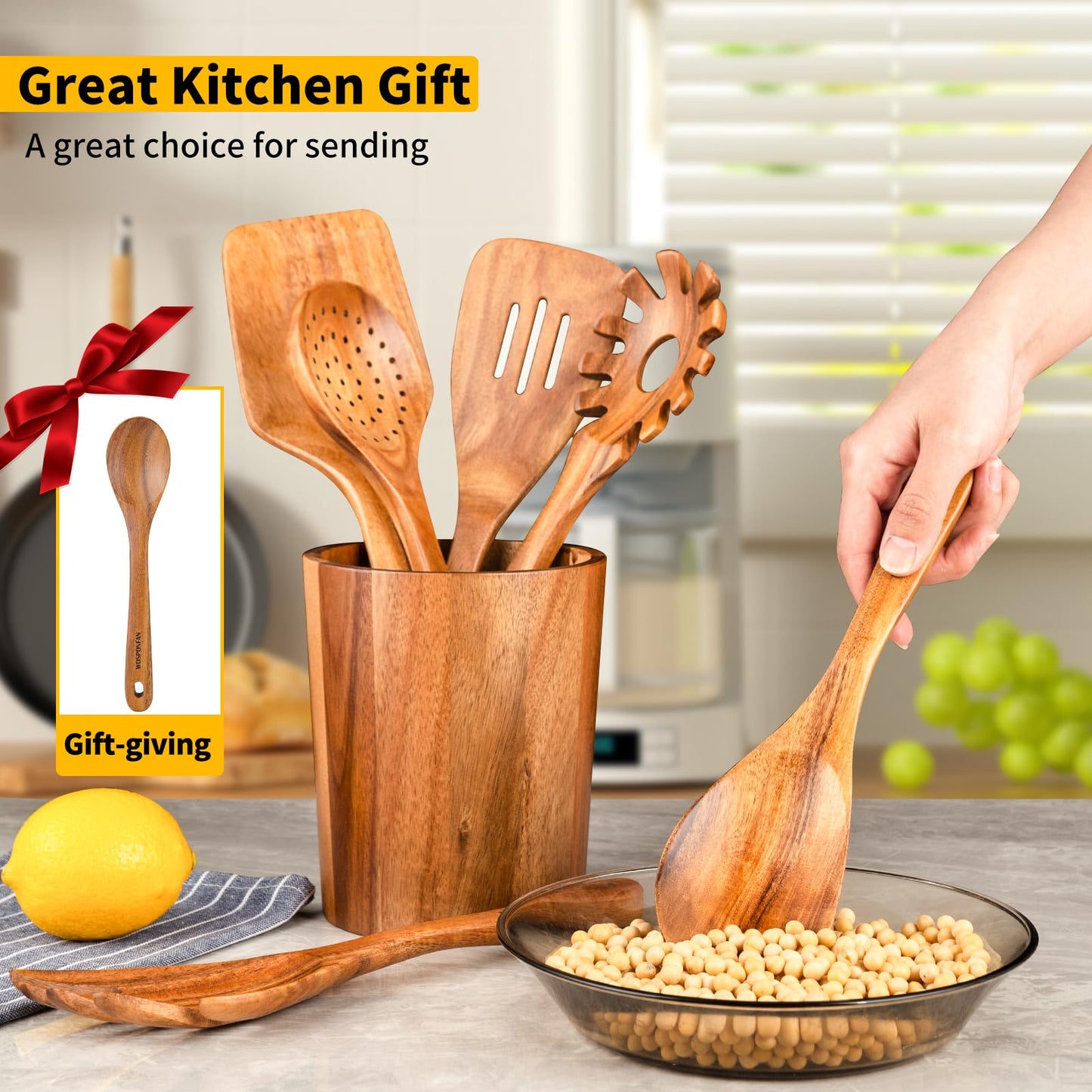 WOSPONFAN Kitchen Utensils Set - Wooden Spoons for Cooking, Natural Teak Wooden Utensils - Includes Wooden Spoons, Spatula Set, Slotted Spoon - Handmade Wooden Spoon Set