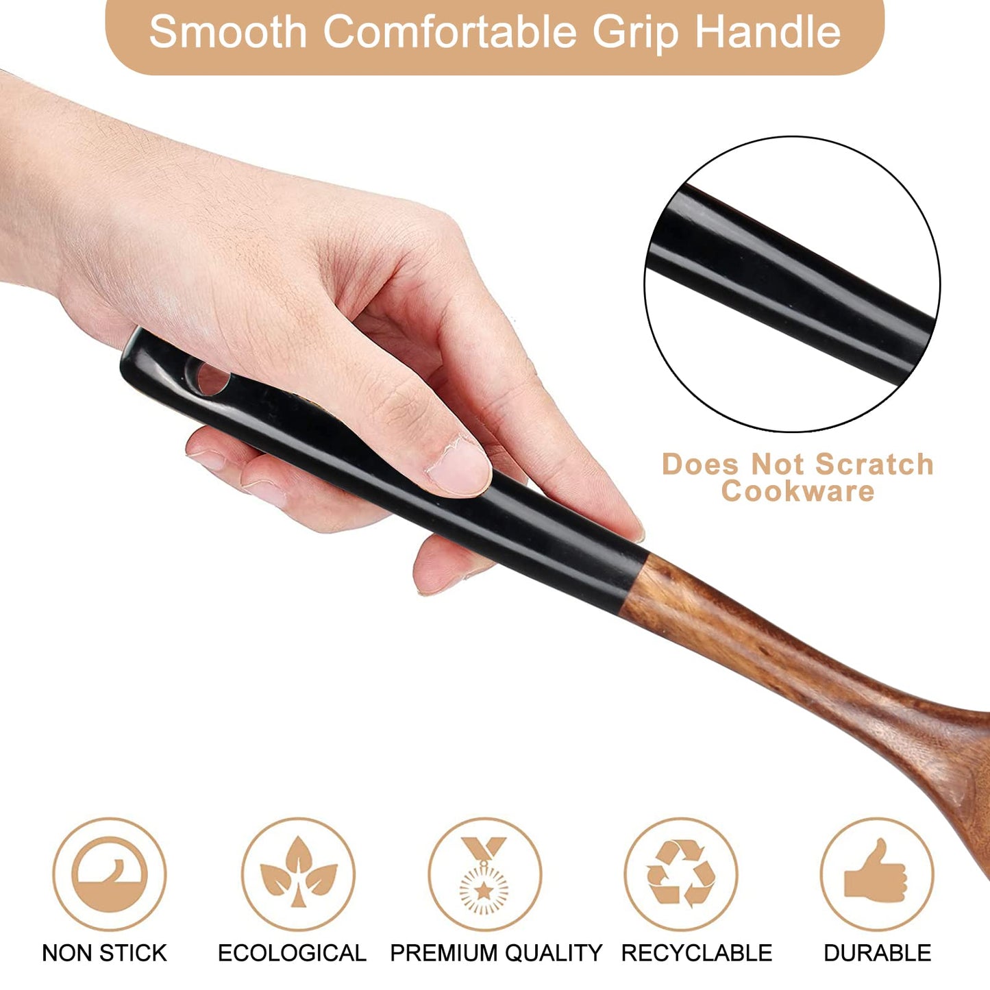 Wooden 2 Pcs Best Wooden Spatula Set for Cooking Kitchen Slotted Turner Spatula Flat Wood Wok Spatula Non Stick Cooking Utensils for Frying Mixing Teak Fish Spatula Turner Black Egg Flipper Spatulas