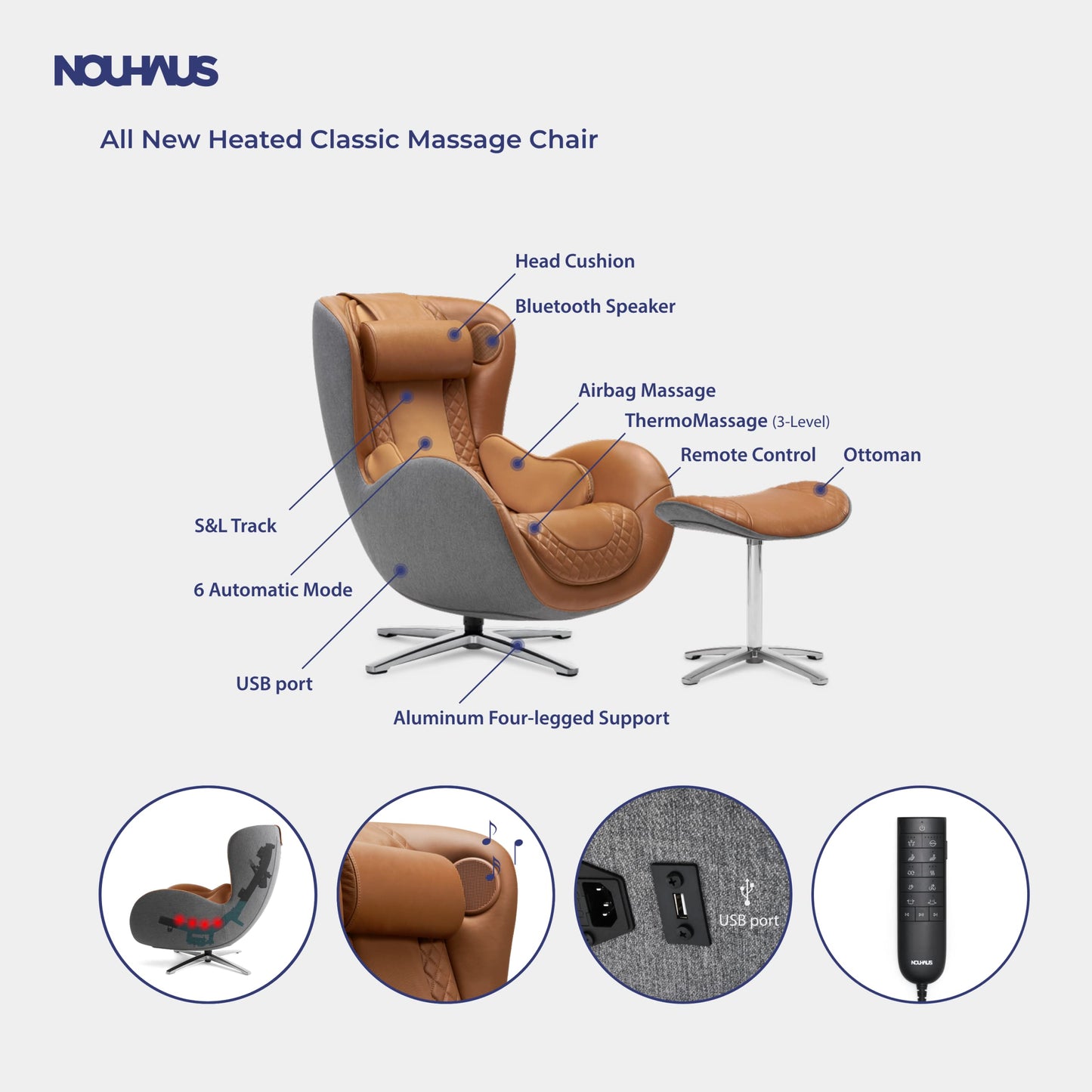 *NOUHAUS Heated Classic Massage Chair Full Body and Spot Massaging Recliner with Ottoman, Bluetooth Speaker, in-Chair Charger. Portable Shiatsu Body Massager Chair (Caramel, Leather)