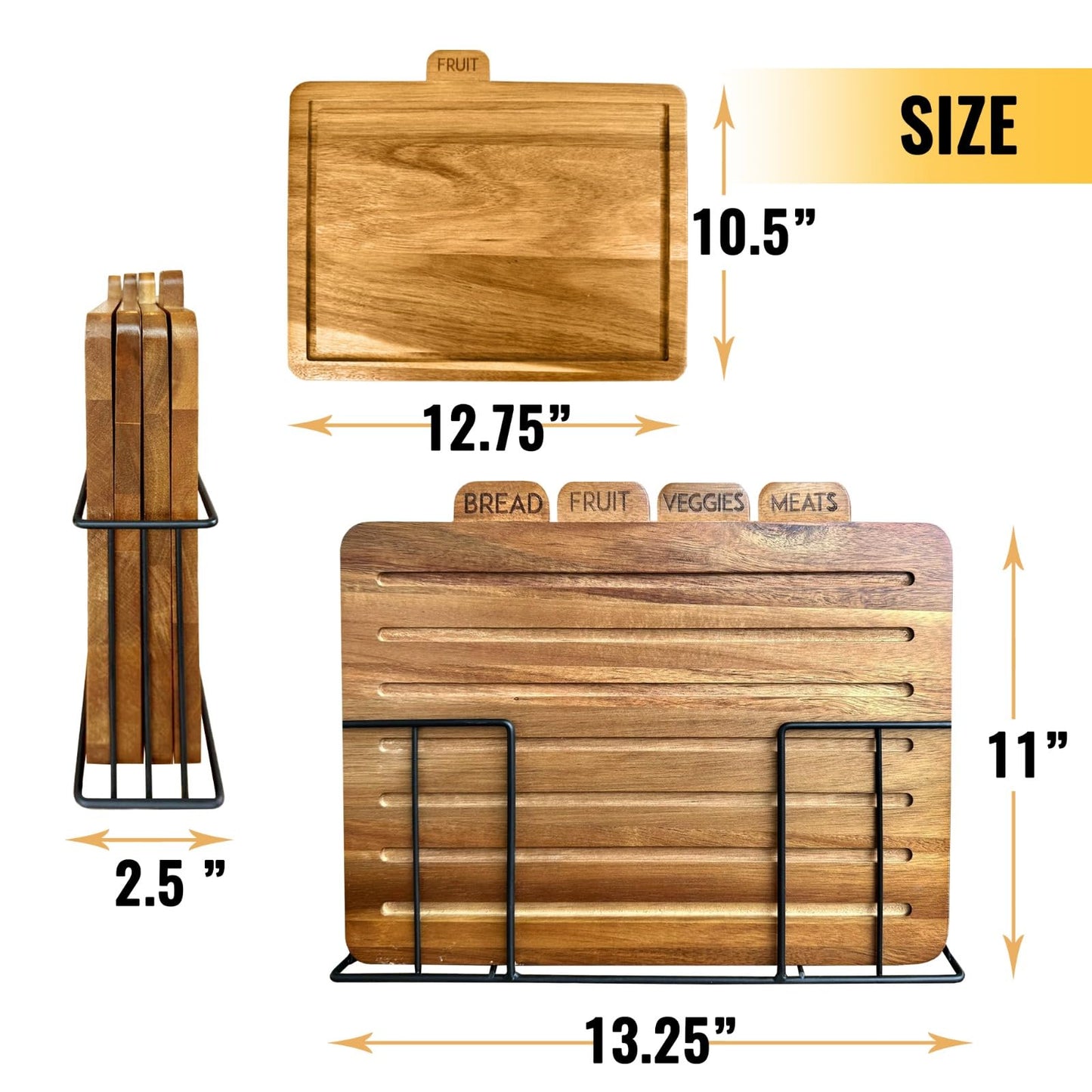 Wooden MODERNLYST Acacia Wood Cutting Boards for Kitchen with Holder | Labeled Food Use Tabs | Modern Wooden Cutting Board Set | 13 x 11 x 2.5 in. Large Organized Chopping Board Set of 4 with Black Stand