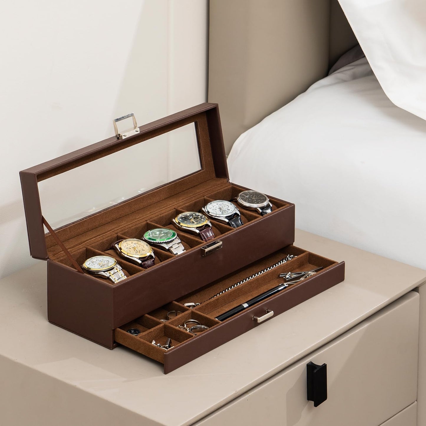 Watch Display Case with 6 Slots and Drawer